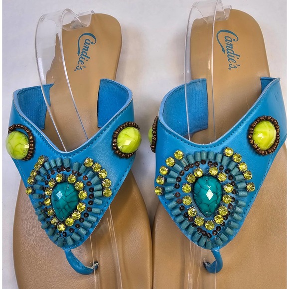 CANDIE'S Beaded Teal Blue Turquoise Embellished Thong Sandals size 9 - Picture 5 of 7